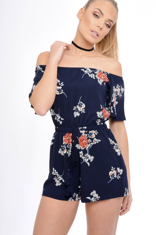 Navy Bardot Floral Tassel Playsuit - Keren
