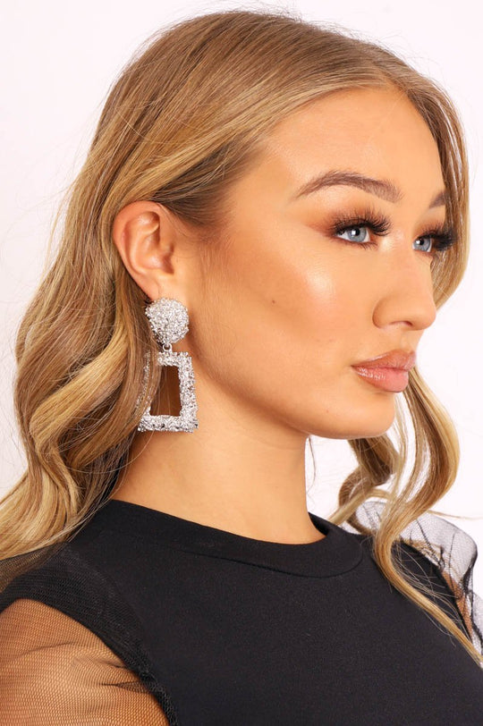 Silver Textured Rectangle Drop Earrings - Kamrin