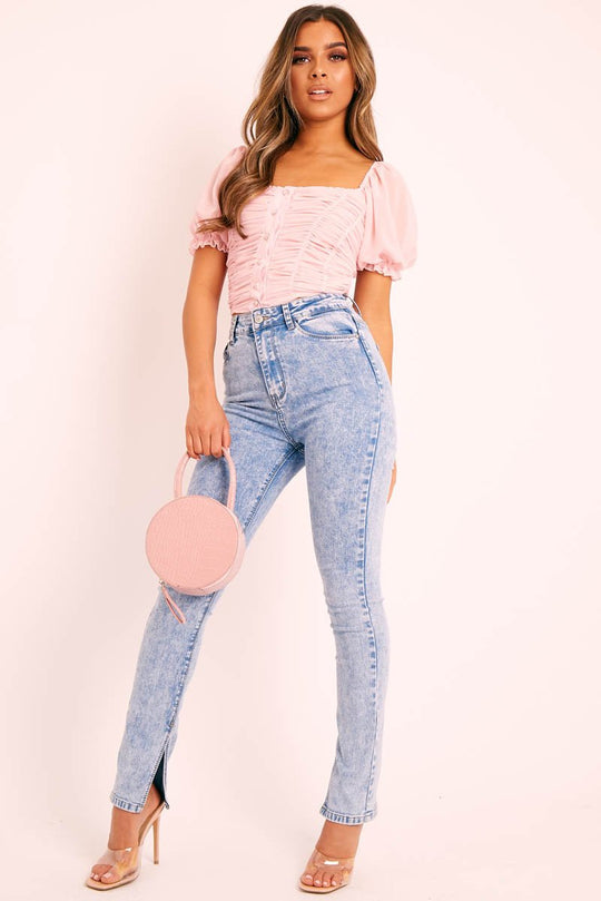 Pink Ruffle Pearl Button Crop Top - Stefani