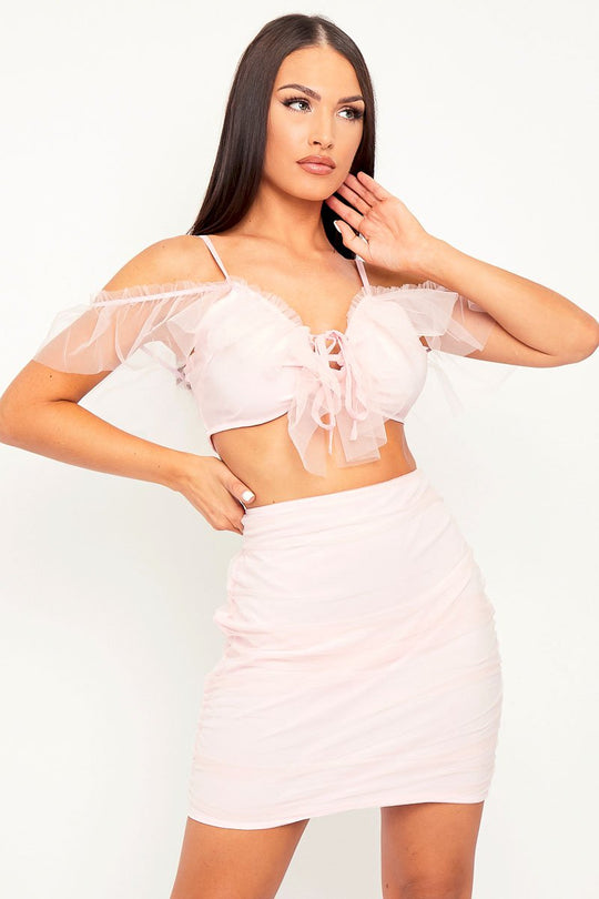 Pink Mesh Frill Crop Top + Skirt Co-ord - Pansy