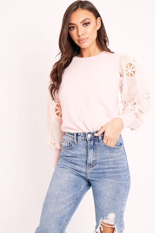 Pink Fluffy Yarn Crochet Mesh Sleeve Jumper - Brigitte