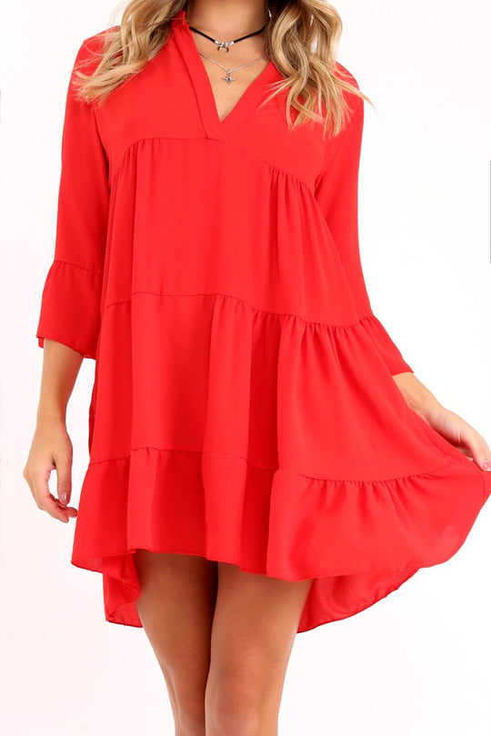 Red Tiered Ruffle Shift Dress - Abri