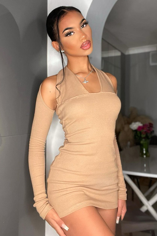 Camel Halter Neck Full Sleeve Cut Out Mini Dress - Jade