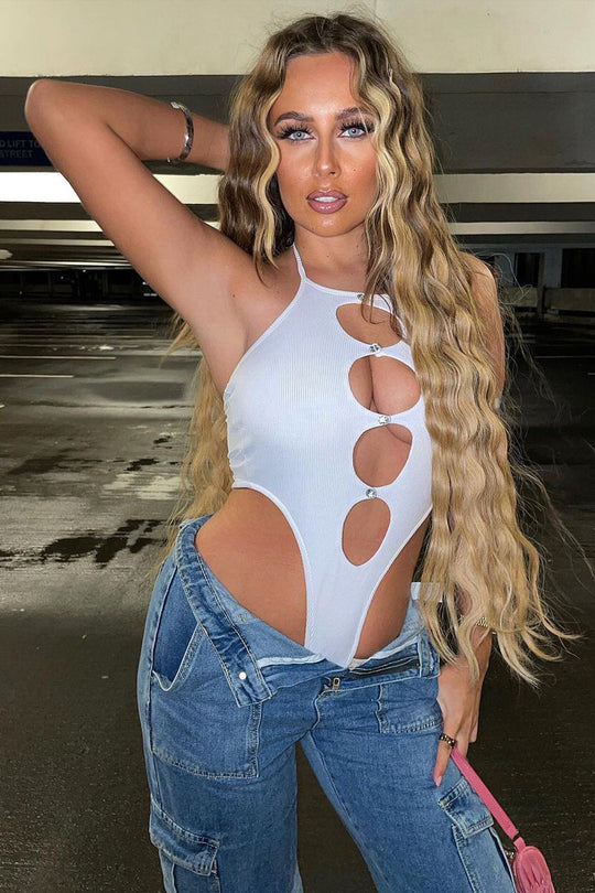 White Cut Out Rib Knit Bodysuit - Elowen