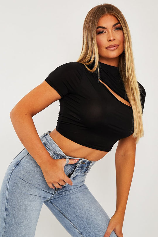 Black Cut Out Short Sleeve Slinky Crop Top - Harriet