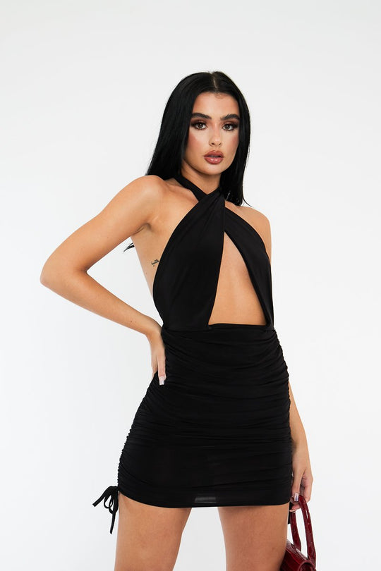 Black Slinky Ruched Halter Neck Mini Dress - Raylinn