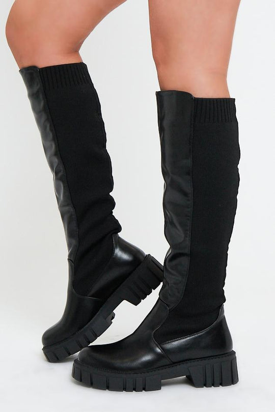 Black PU Faux Leather Knee High Boots - Azel