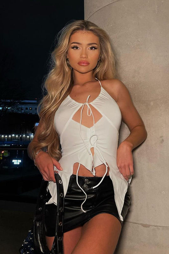White Halter Neck Cut Out Hem Crop Top - Alessa