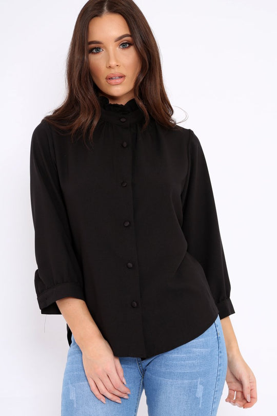Black Ruffle Neck Blouse with Cut out Back - Amelie