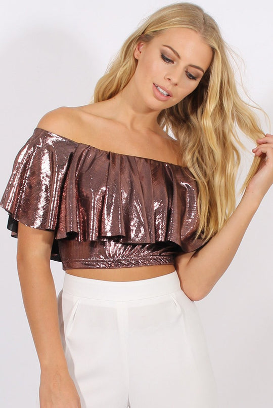 Pink Metallic Bardot Frill Crop Top - Ariana