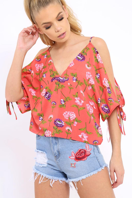 Red Floral Print V-Neck Tie Cold Shoulder Top - Arielle
