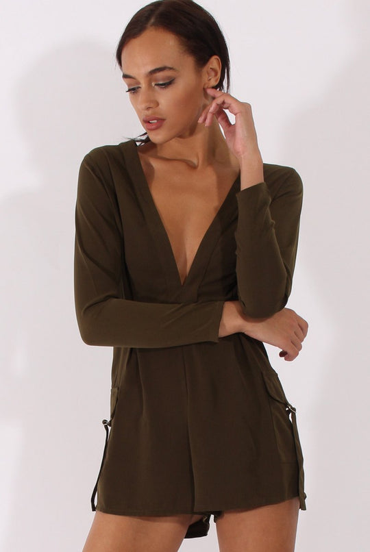 Khaki Utility Plunge Playsuit - Bethan