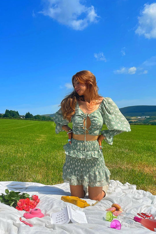 Mint Floral Print Lace Up Crop Top + Shirred Skirt Set - Adelei