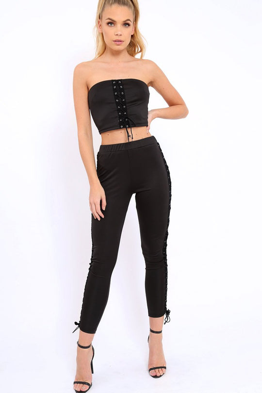 Black Lace Up Trouser Crop Top Co-ord - Mel
