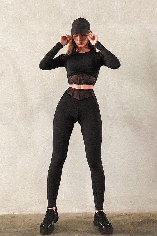 Black Mesh Corset Panel Crop Top Leggings Co-ord - Angela
