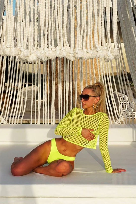 Yellow Fish Net Long Sleeved Crop Top - Ivory