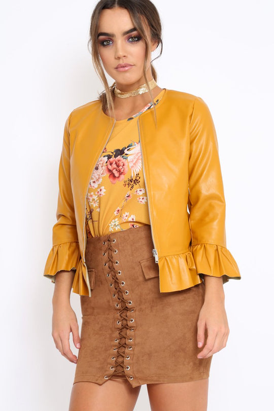 Mustard Faux Leather Frill Hem Jacket - Cherrie