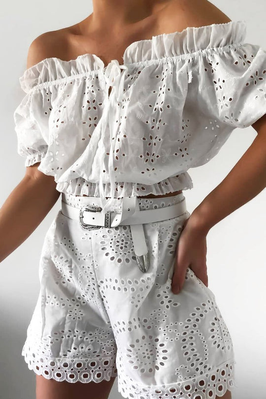 White Embroidered Flower Tie Front Crop Top - Garner
