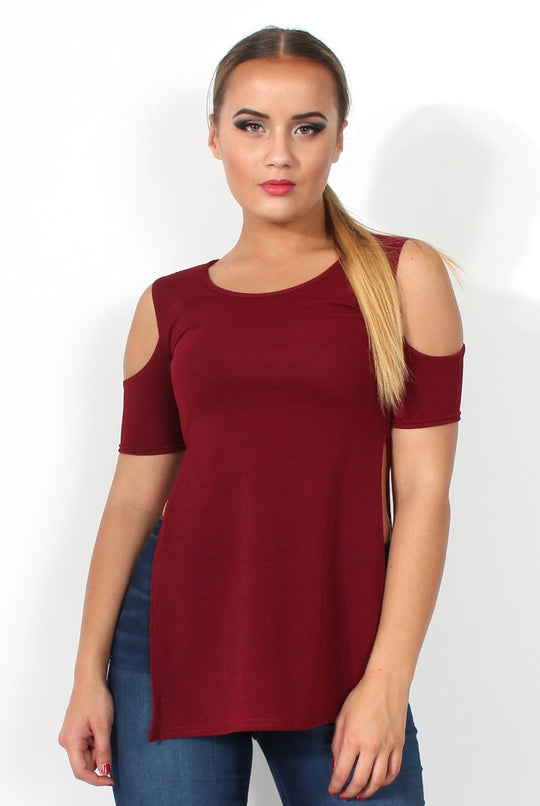 Nieve Wine Cut Out Shoulder Side Split Top