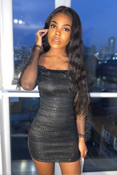 glitter mesh ruched bodycon dress in black Black Sparkle Mesh Ruched Bodycon Dress - Idell Rebellious Fashion