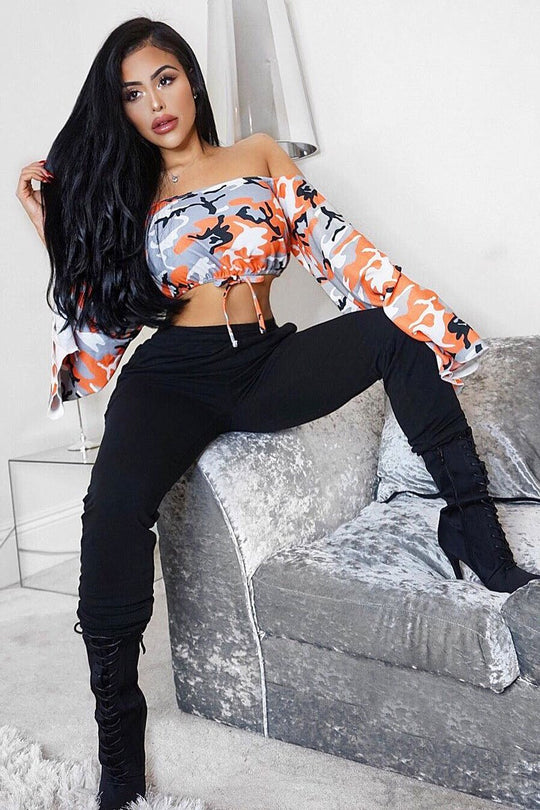 Orange Camo Extreme Flared Sleeved Crop Top - Dalis