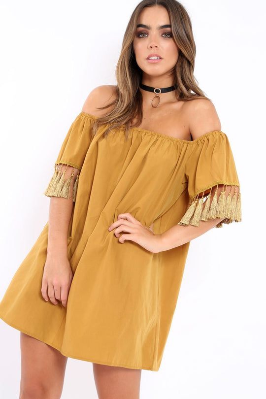 Mustard Shift Dress With Tassle Sleeves - Danielle