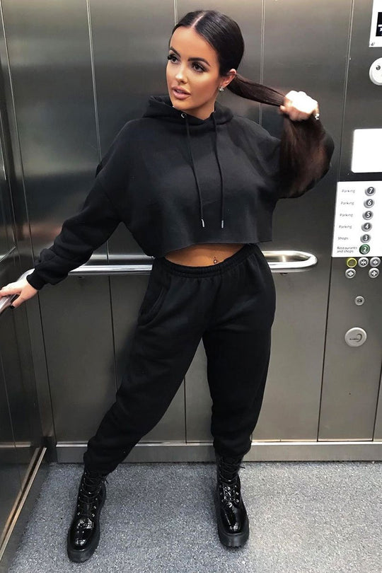 Black Cropped Oversized Hoodie and Joggers Co-ord - Karenza