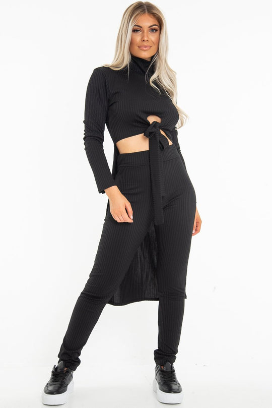Black Rib Asymmetric Tie Front Top Legging Loungewear Co-Ord - Sasha