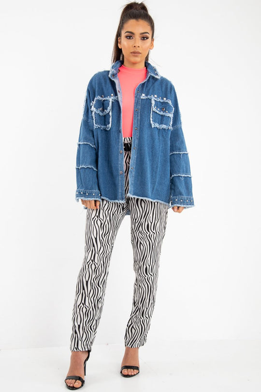 Mid Wash Denim Frayed Studded Detail Jacket - Ashira