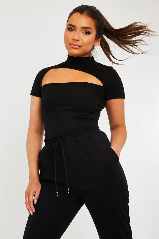Black High Neck Cut Out Crop Top - Reita