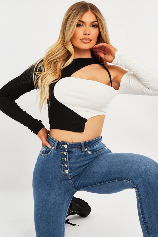 Black White Contrast Cut Out Crop Top - Liylah