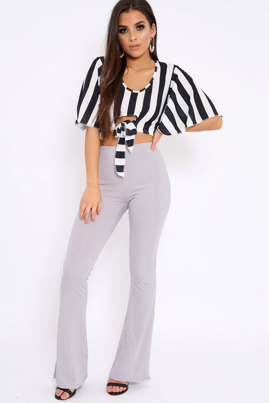 Black Striped Cut Out Tie Front Crop Top - Evelia