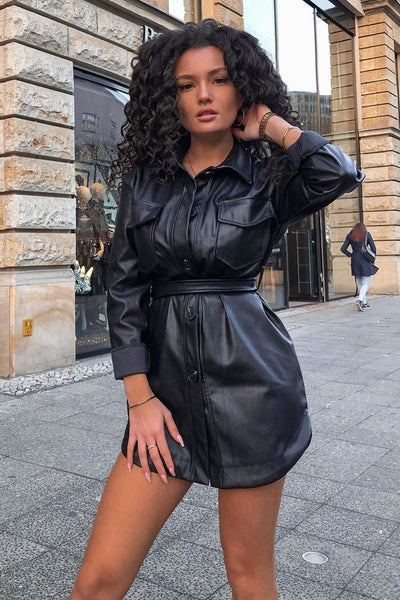 leather utility dress Black Faux Leather Utility Shirt Dress