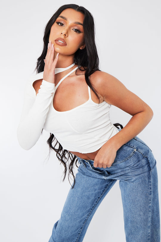White One Sleeve Asymmetric Cut Out Crop Top - Ash
