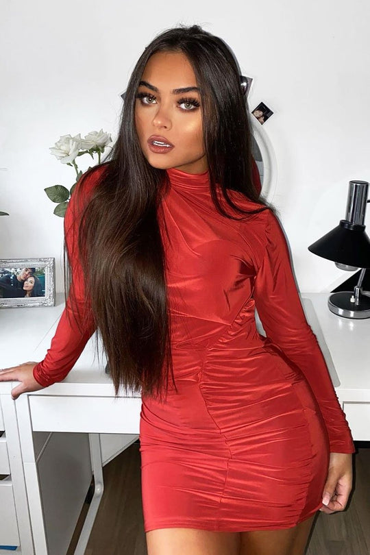 Rust Slinky High Neck Ruched Front Bodycon Dress - Carola