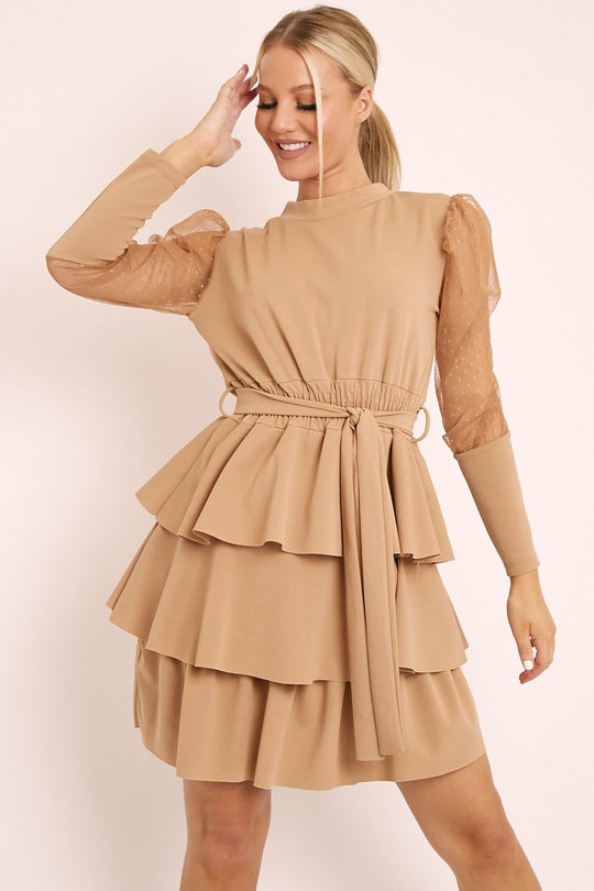 Beige Tiered Skirt Belted Dress - Cassia