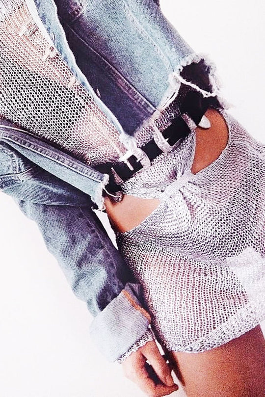 Silver Metallic Knitted Cut Out Gathered Front Dress - Idah