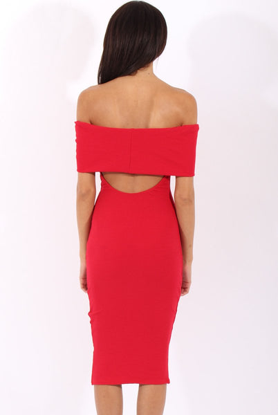 missguided red off the shoulder dress Red Bardot Frill Open Back Midi Dress - Trish – Rebellious Fashion