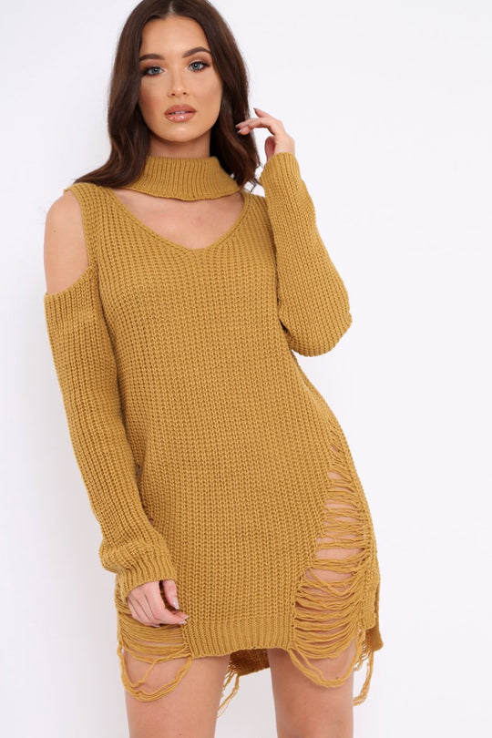 Mustard Knitted Cut Out Front Cold Shoulder Distressed Jumper Dress - Jamie