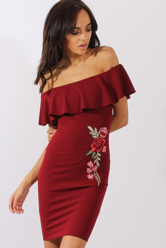 Wine Bardot Frill Embroidered Dress - Jasmine
