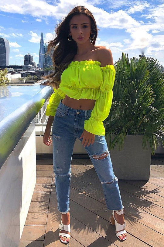 Yellow Ruffle Bardot Crop Top - Aagna