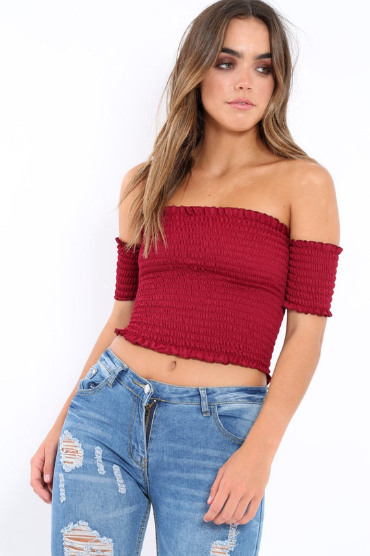 Wine Bardot Frill Shirred Crop Top - Kailah