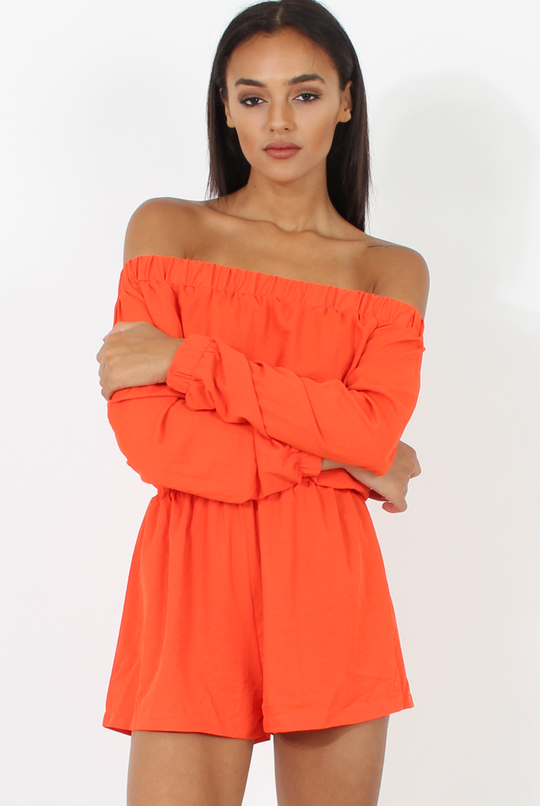 Orange Bardot Long Sleeved Playsuit - Lateysha