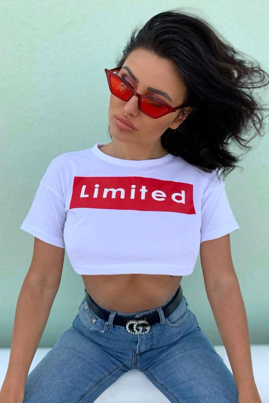 White Red Limited Slogan Cropped T Shirt - Drew