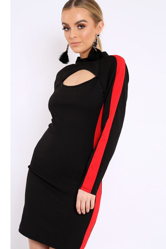 Black Side Red Striped Cut Out Dress - Layia