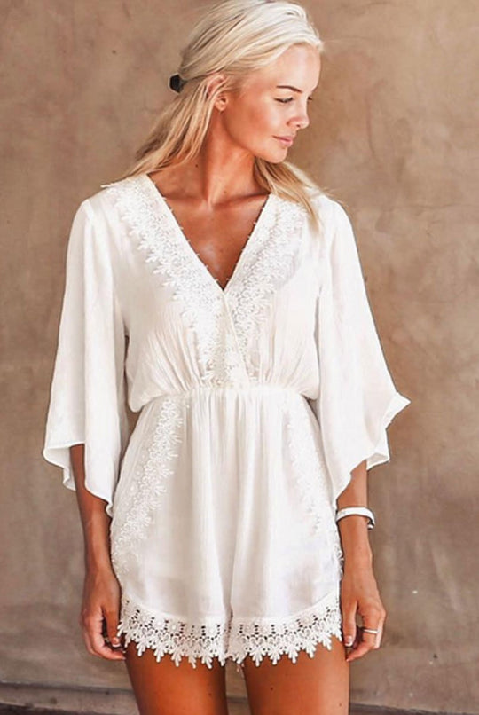 Leigh White V Front Lace Trim Playsuit