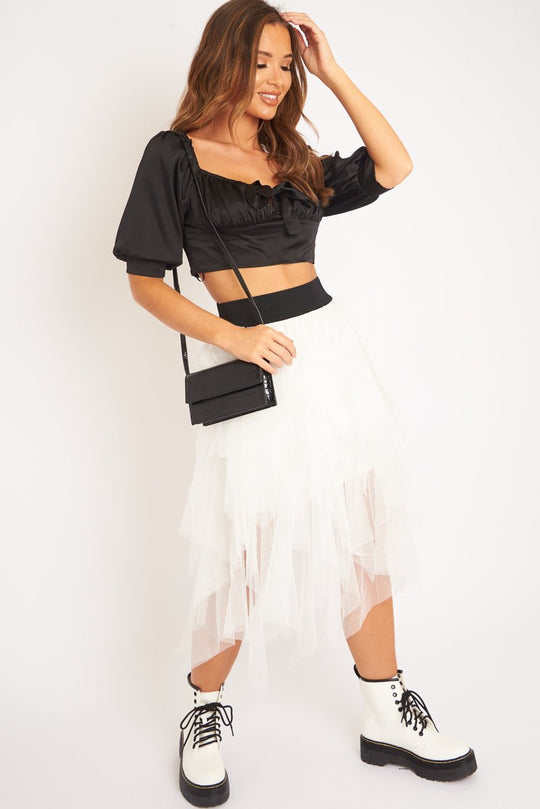 Black Satin Tie Front Crop Top - Jasie