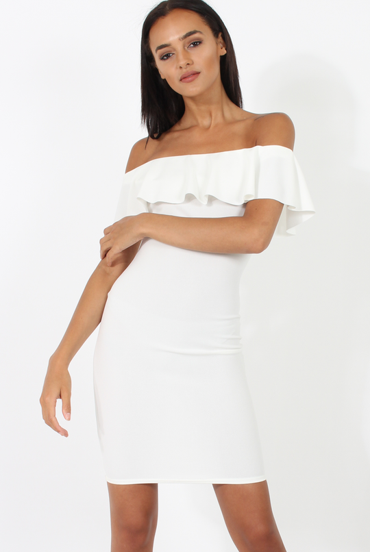 White Bardot Frill Midi Dress - Lily