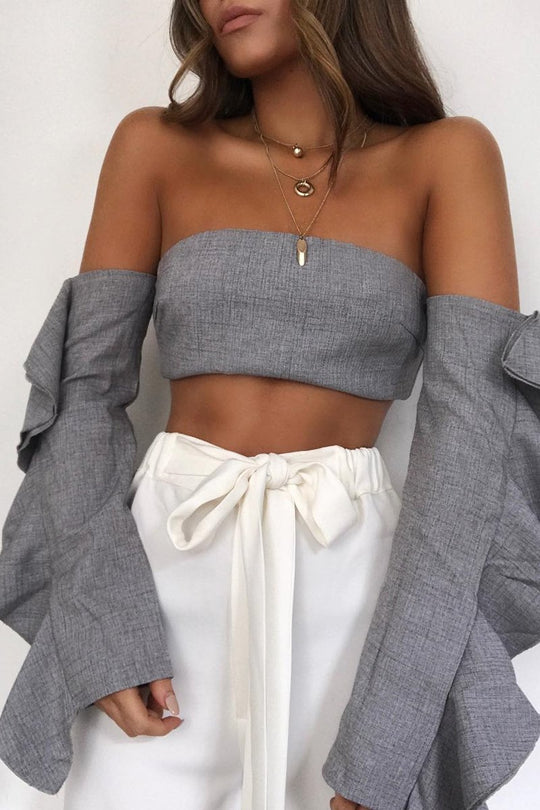 Grey Bardot Frill Sleeve Crop Top - Makayla