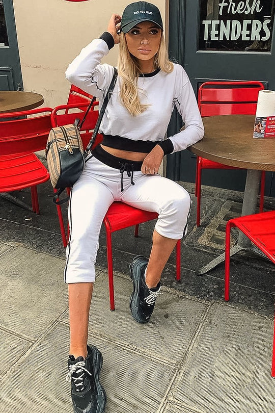 White and Black Side Stripe Sweatshirt and Jogger Set - Miliany
